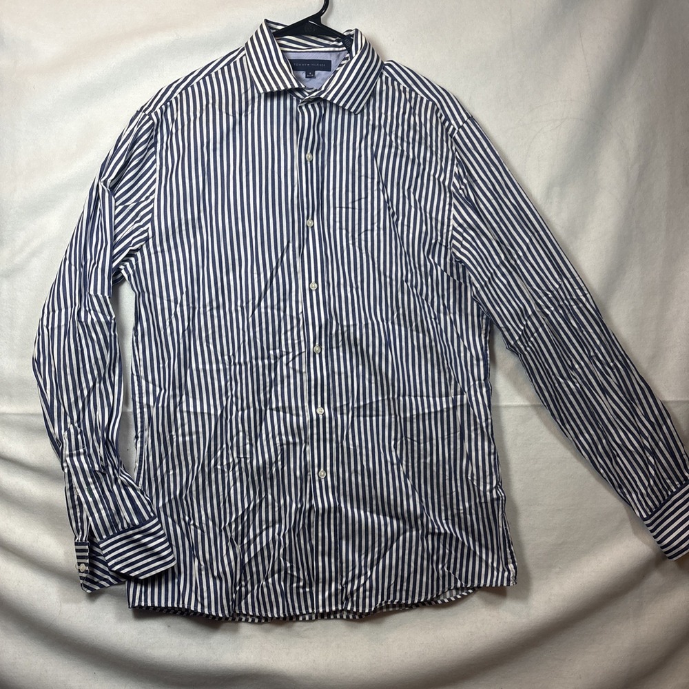 Tommy Hilfiger Striped Dress Shirt Mens‎ 16 34-35 Blue White  Cotton